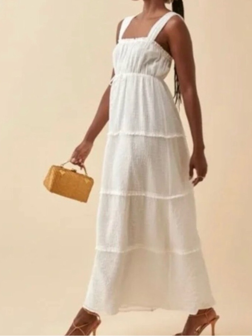 Reformation White Tiered Maxi Dress with Square Neck XS